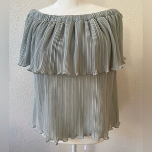 EXPRESS Mint Light Green Off Shoulder Pleated Top Blouse Sz L Stretch Feminine